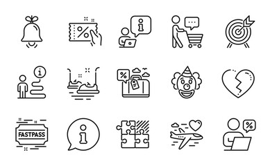 Holidays icons set. Included icon as Broken heart, Bell, Archery signs. Bumper cars, Buyer think, Clown symbols. Puzzle game, Online discounts, Travel loan. Discount coupon, Fastpass. Vector