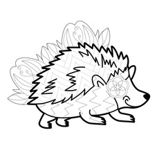 Contour linear illustration with animal for coloring book. Cute hedgehog, anti stress picture. Line art design for adult or kids  in zentangle style and coloring page.