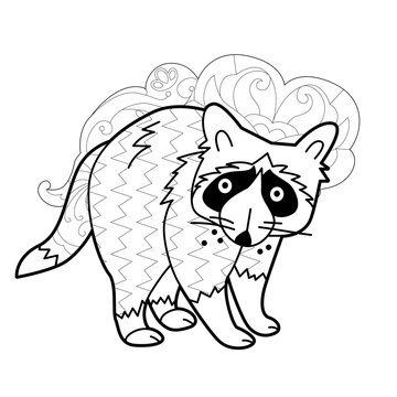 Contour linear illustration with animal for coloring book. Cute racoon, anti stress picture. Line art design for adult or kids  in zentangle style and coloring page.