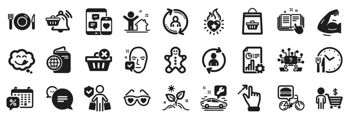Set of Business icons, such as User info, Delete purchase, Buyer icons. Strong arm, Report, Travel passport signs. Person info, Online buying, Heart flame. Face accepted, Grow plant, Food. Vector