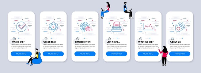 Science icons set. UI phone app screens with teamwork. Included icon as Verify, Typewriter, Diagram signs. Atom, Coronavirus, Social responsibility line icons. Vector