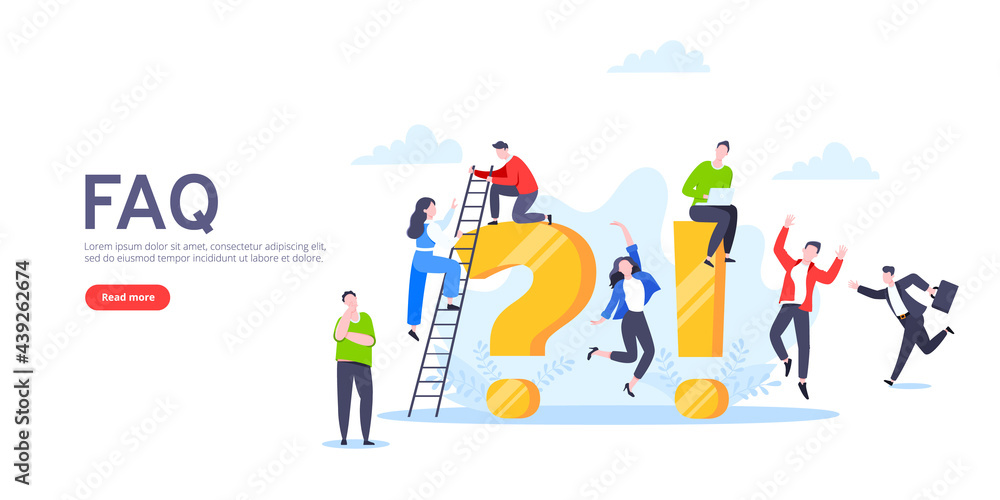 Poster q and a or faq concept with tiny people characters, big question and exclamation mark, frequently as