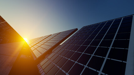 Sun Shining Through the Solar Panels Under Clear Sky 3D Rendering