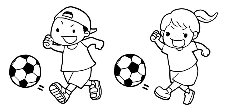 サッカーをする元気な男の子と女の子のイラスト線画