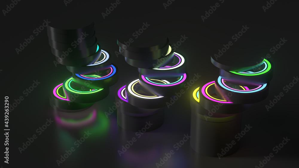 Poster 3d render of vertical geometry shape sliced into pieces with inner glow illumination material. dark 