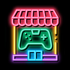 game shop neon light sign vector. Glowing bright icon game shop sign. transparent symbol illustration