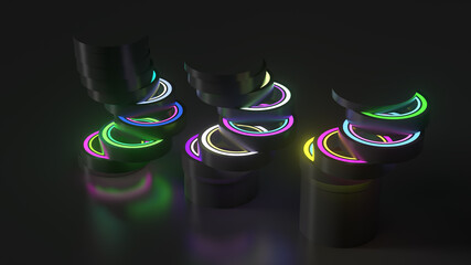 3d render of vertical geometry shape sliced into pieces with inner glow illumination material. Dark color. Three cylinders composition.