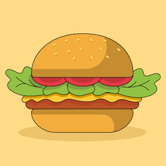 Cute cartoon hamburger isolated on yellow background. Concept illustration of junk food in a flat style. Vector illustration