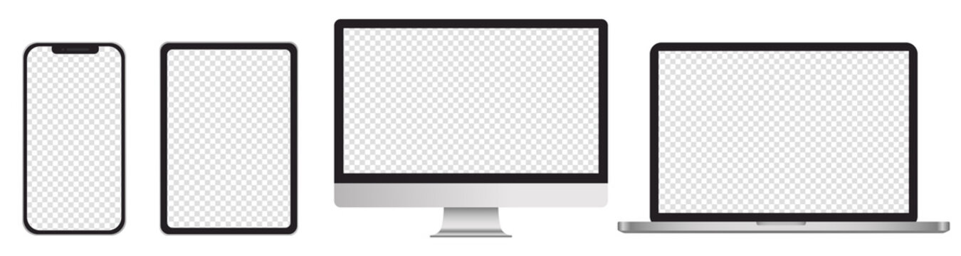 リアルな3dデバイスのモックアップセット。スマートフォン、タブレットモノブロックモニター、ラップトップ コンピューター、モノブロック モニターの空白画面(ベクターイラスト)