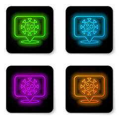 Fototapeta premium Glowing neon line Corona virus 2019-nCoV on location icon isolated on white background. Bacteria and germs, cell cancer, microbe, fungi. Black square button. Vector.