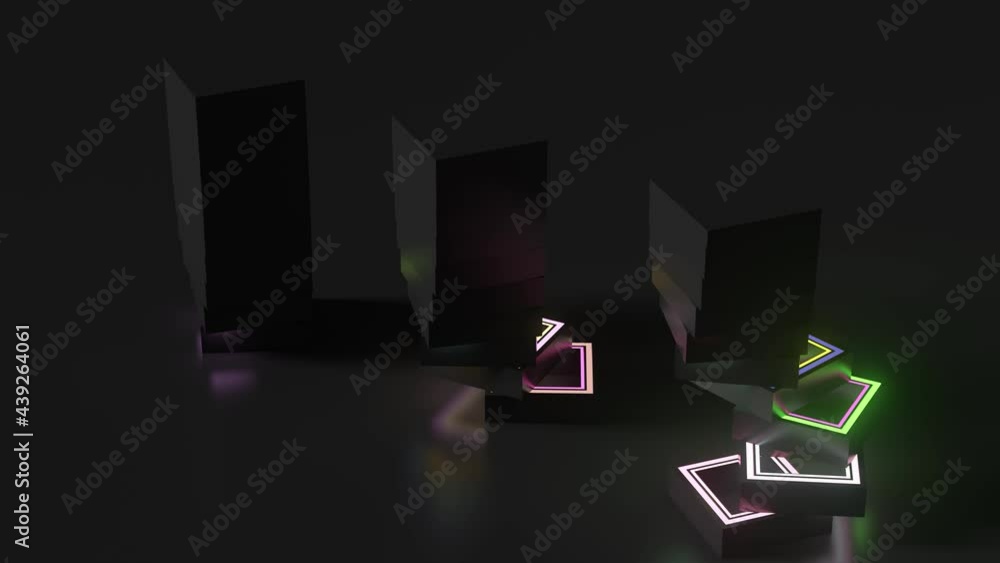 Poster 3d render of vertical geometry shape sliced into pieces with inner glow illumination material. dark 
