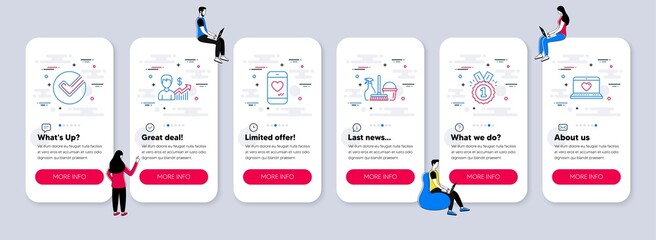 Vector Set of line icons related to Business growth, Verify and Approved icons. UI phone app screens with teamwork. Household service, Love chat and Web love line symbols. Vector