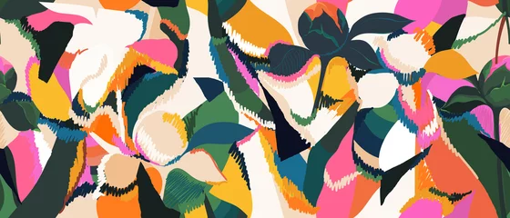 Fotobehang Kleurrijk Hand getekende bloemen abstracte print. Creatief collage naadloos patroon. Modieuze sjabloon voor ontwerp.