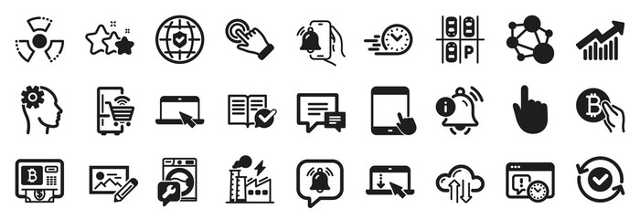 Set of Technology icons, such as Approved documentation, Engineering, Scroll down icons. Chemical hazard, Photo edit, Comment signs. Fast delivery, Notification bubble, Portable computer. Vector