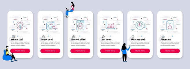 Set of Technology icons, such as Dryer machine, Idea, Search map icons. UI phone app screens with teamwork. Dot plot, Dollar exchange, Approved document line symbols. Vector
