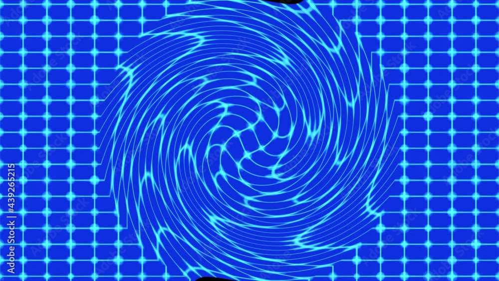 Poster an abstract grid of green rectangles on a blue background in the center of a swirling spider web. a 