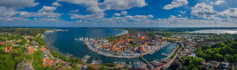 Panorama aerial view of port town Eckernförde popular tourist destination on the coast of the Baltic Sea in northern Germany, Rendsburg-Eckernförde, Schleswig-Holstein,the harbour of a fishing village