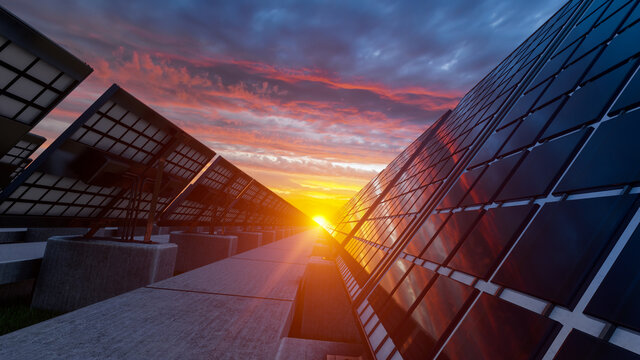 Low Angle View of the Sunset Through the Solar Panels Under Red Clouds 3D Rendering