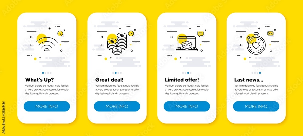Poster vector set of wifi, online delivery and coins line icons set. ui phone app screens with line icons. 