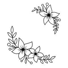 Floral corner in vector isolated on white background. Simple frame with flowers and leaves in outline style