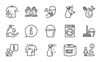 Cleaning icons set. Included icon as Dirty water, Clean hands, Washing machine signs. Bucket, Cleaning spray, Bucket with mop symbols. Dont touch, Wash t-shirt, Washing cleanser. Vector