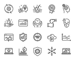 Vector set of Website education, Tips and Seo marketing line icons set. Graph laptop, Idea and Electronic thermometer icons. Cogwheel, Diagram chart and Coronavirus signs. Vector