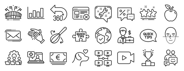 Obraz na płótnie Canvas Set of Business icons, such as Report diagram, Teamwork, Stars icons. World insurance, Communication, Apple signs. Sports arena, Reject web, Winner podium. Messenger mail, Businessman case. Vector