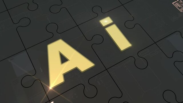3d animation of puzzles with an empty cell. The puzzles add up and the symbol of Artificial Intelligence, AI, appears. The idea of developing neural networks and artificial intelligence.