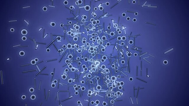 3d animation of a set of particles that combine into a molecule of graphene, carbon. Graphene tubes, the future of nanotechnology.