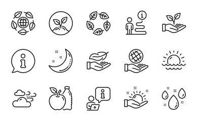 Nature icons set. Included icon as Sunny weather, Organic tested, Safe planet signs. Helping hand, Moon stars, Lightweight symbols. Startup, Apple, Sunset. Rainy weather, Eco organic. Vector