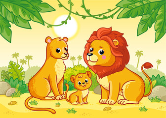 Lion family is sitting in the African savannah. Vector illustration with cute animals