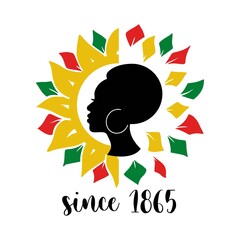 Juneteenth quote with afro woman and colorful sunflower isolated on white background. Vector flat illustration. Design for banner, poster, greeting card, flyer