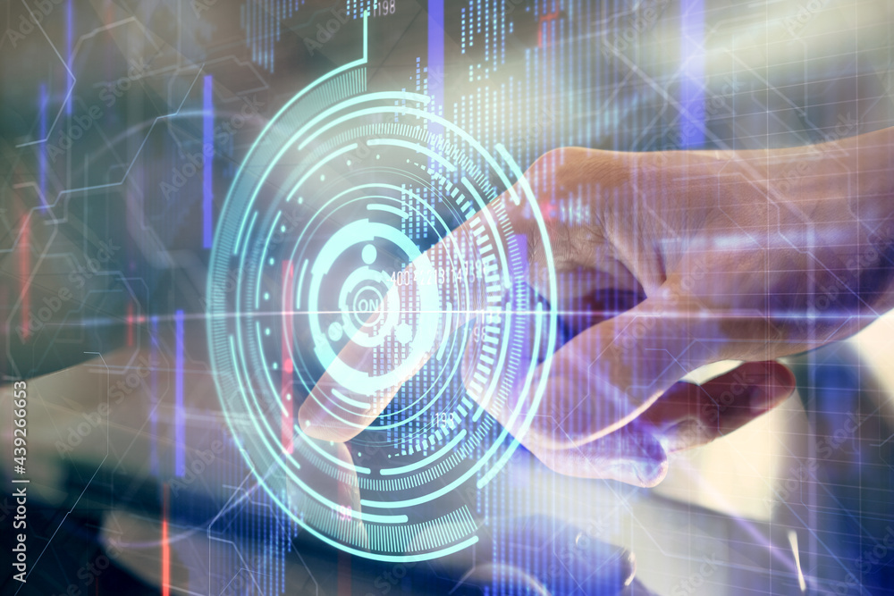 Poster multi exposure of man's hand holding and using a digital device and data theme drawing. innovation c