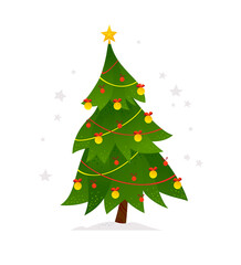 Vector illustration of decorated christmas fir tree isolated. Cartoon flat illustration. For cards, banners, postcards, web, posters, packaging etc.