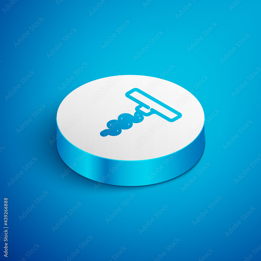 Sticker Isometric line Wine corkscrew icon isolated on blue background. White circle button. Vector