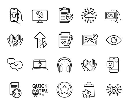 Vector set of Headphones, Translation service and Monitor repair line icons set. Bitcoin system, Photo location and Energy growing icons. Smile, Approved and Quick tips signs. Vector