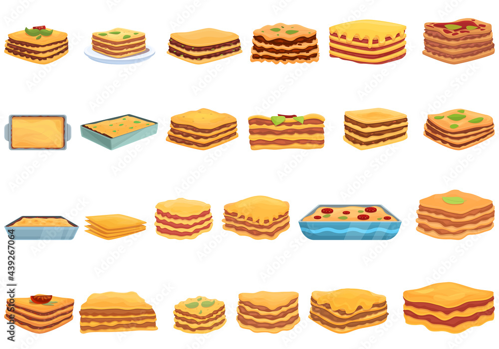 Poster lasagna icons set. cartoon set of lasagna vector icons for web design
