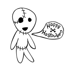 Cute zombie in cartoon style.  Happy Halloween - lettering in speech bubble. Vector outline illustration isolated on white background. For coloring book page, holiday design, greeting card