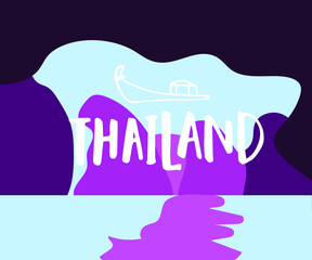 Flat illustration of Thailand landscape. Tradition boat illustration with hand drawn text.