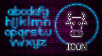 Glowing neon line Cow icon isolated on brick wall background. Neon light alphabet. Vector