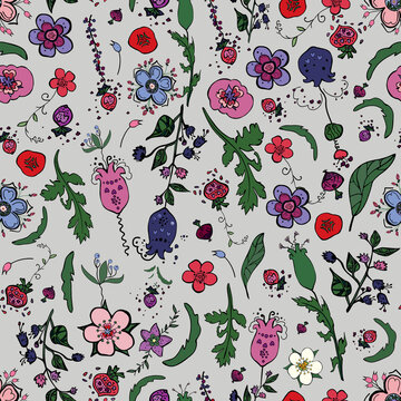 Beautiful seamless floral pattern with berries,herbs and flowers in doodling style.