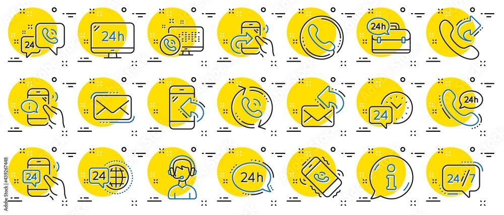 Aufkleber processing line icons. set of callback or feedback, call support and chat message icons. 24 hour ser