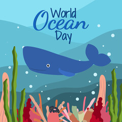 World ocean day in cartoon style on blue background with cute sperm whale seaweed and corals. Square orientation. Vector graphic. June 8.