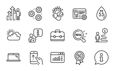 Science icons set. Included icon as Sunny weather, Portfolio, Ph neutral signs. Swipe up, Coronavirus pills, 5g technology symbols. Web traffic, Laptop, Employee results. Gears line icons. Vector