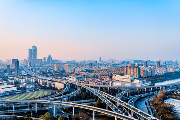 Scenery of Sai Hong Bridge and city skyline in Nanjing, Jiangsu, China 