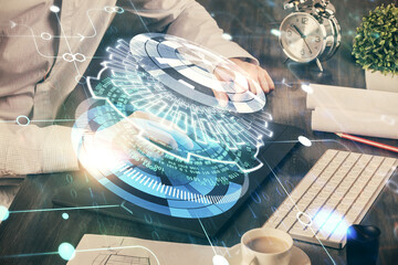 Multi exposure of man's hands holding and using a digital device and data theme drawing. Innovation concept.
