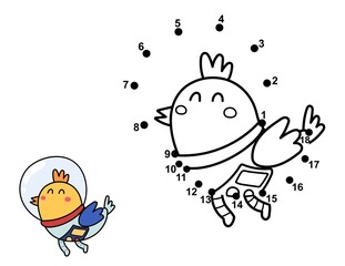 Connect the dots and draw a cute bird astronaut. Space dot to dot game. Educational page for kids. Vector illustration