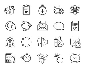 Vector set of Engineering team, Scroll down and Timer line icons set. Touchpoint, Approved and Chemistry flask icons. Face id, Frying pan and Calculator alarm signs. Vector