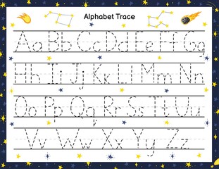Trace alphabet activity page for kids. Handwriting letters practice. Space worksheet. Educational game for preschool. Vector illustration