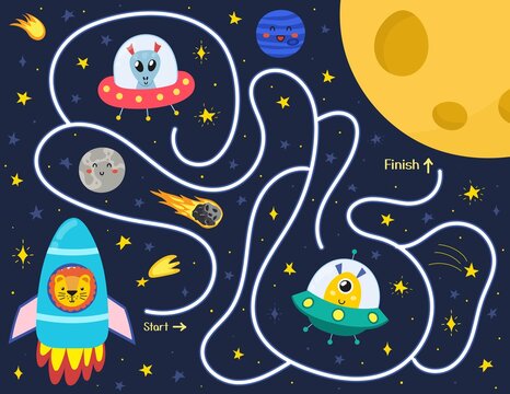 Help a cute lion in a rocket find a way to the Moon. Space maze puzzle for kids. Activity page with funny space character.  Mini game for school and preschool. Vector illustration